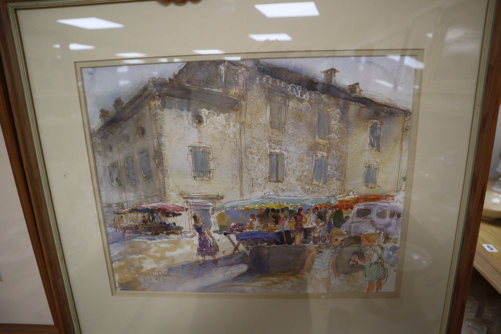 Margaret Milnes (1908-1998), two watercolours, Mercerie Bonneterie and Market at Albi, one signed and dated 87, 31 x 39cm